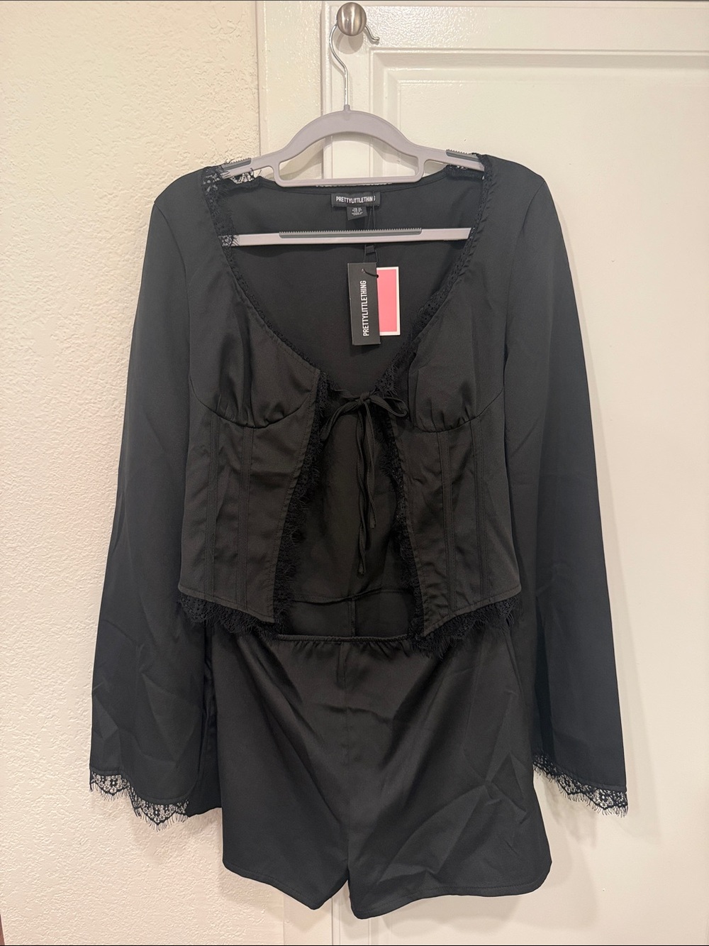 PrettyLittleThing Black Lace-Trim Long Sleeve Cami & Shorts Set
